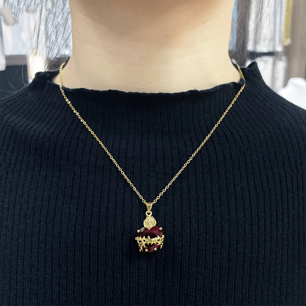FAITH AS YOUR ARMOR: Red Gemstones Sacred Heart of Jesus Pendant Necklace