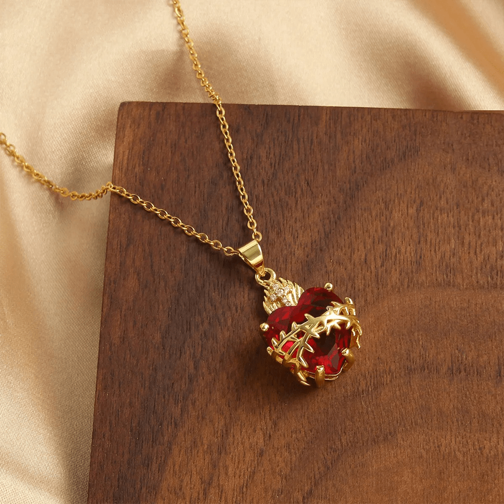 FAITH AS YOUR ARMOR: Red Gemstones Sacred Heart of Jesus Pendant Necklace