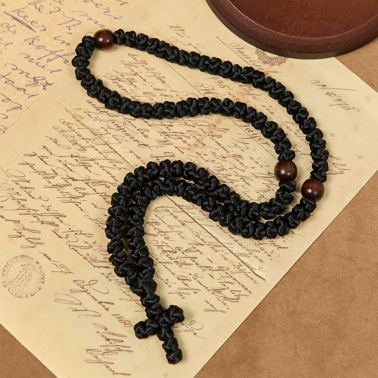 Blue & Black Cross 100 Blessing Knots String Necklace: Cherished Symbol of Holy Blessing