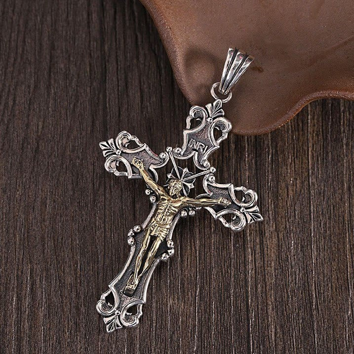 Rustic Bronze and Silver Crucifix Necklace in S925: A Testament of Faith