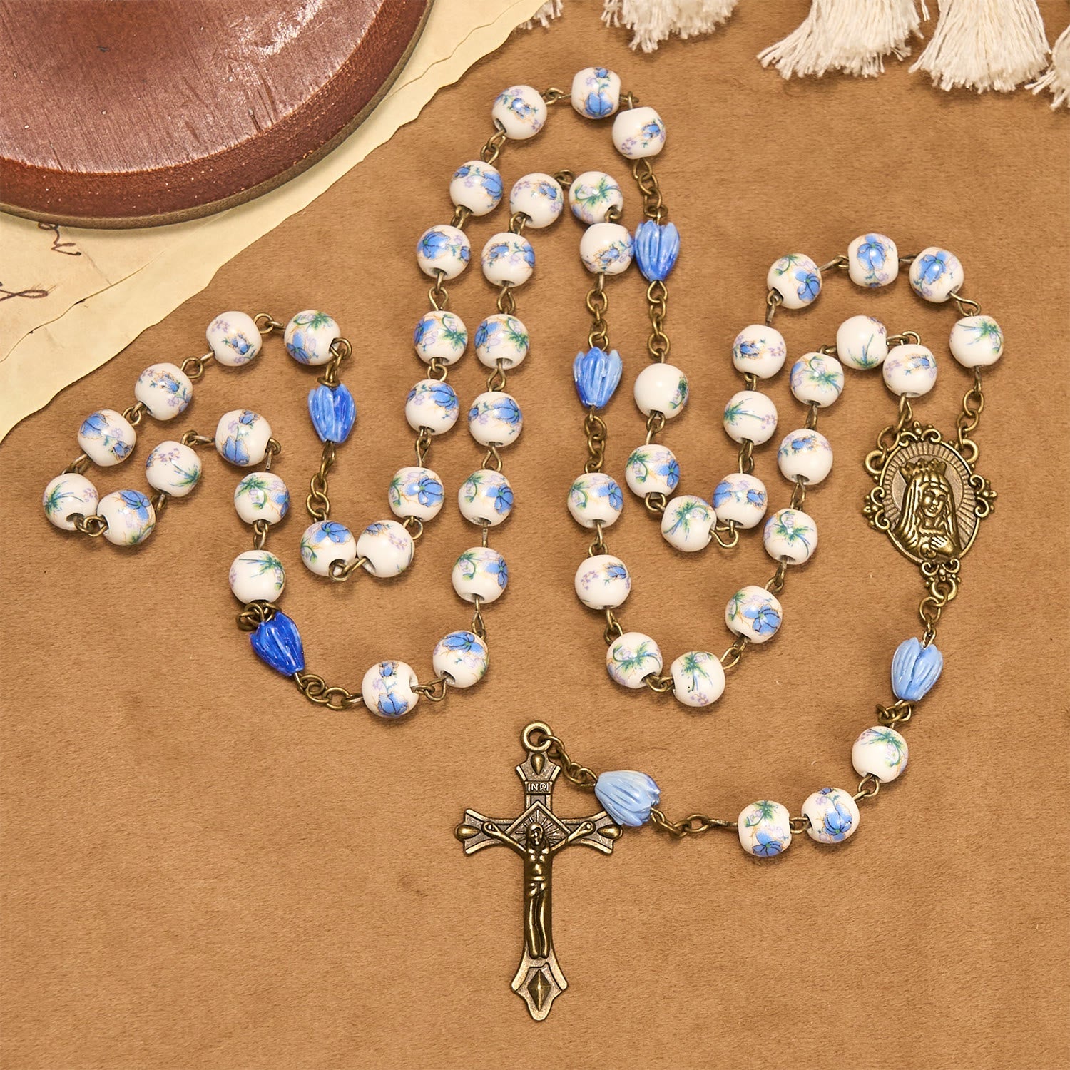 Immaculate Heart of Mary & Crucifix with Floral Rosary