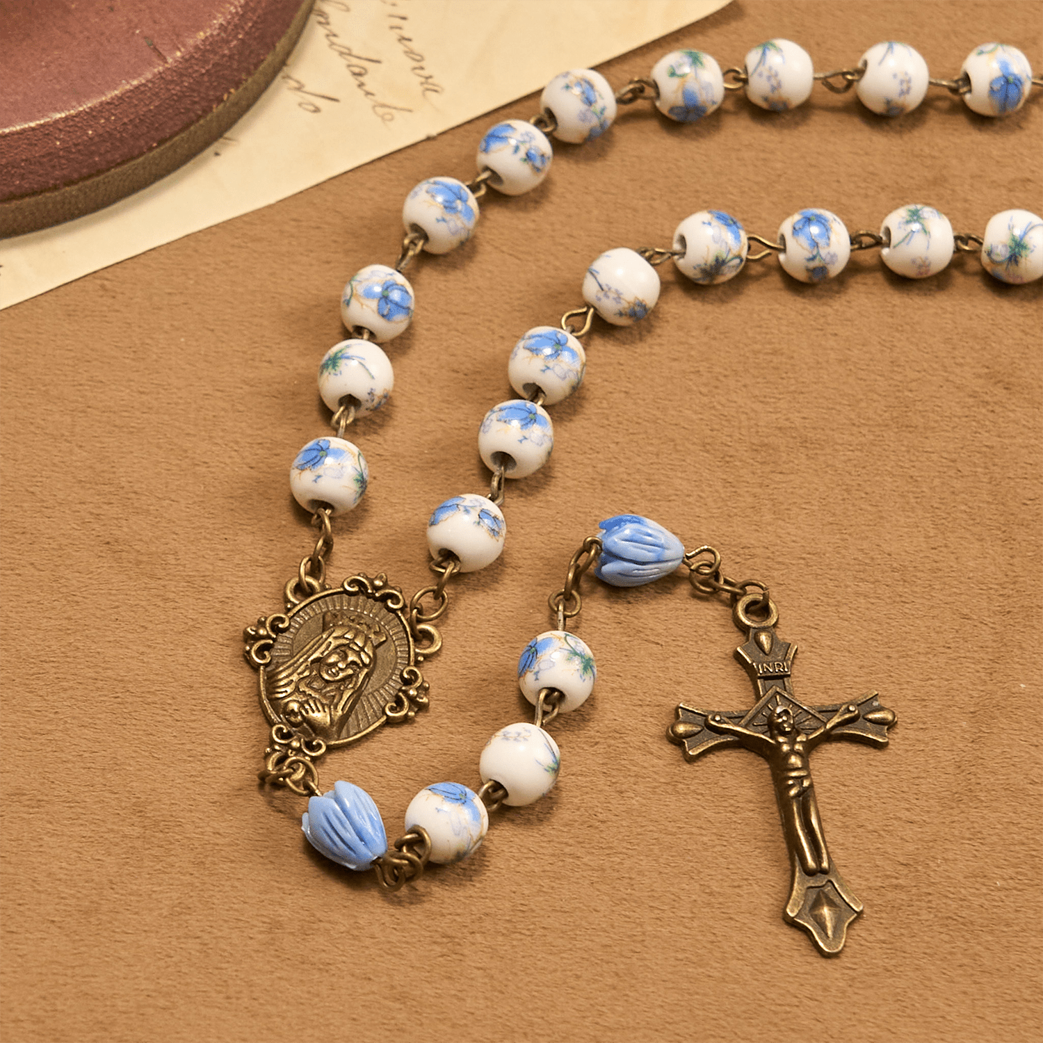 Immaculate Heart of Mary & Crucifix with Floral Rosary
