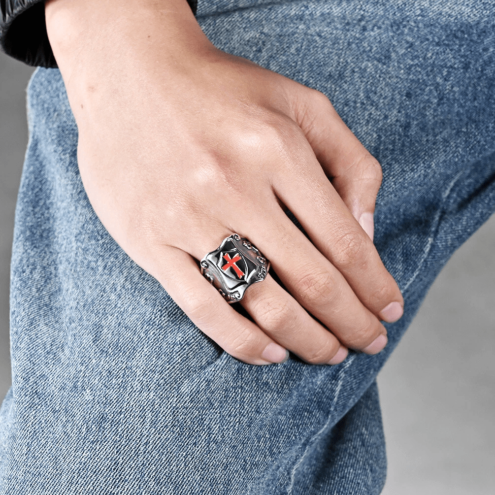 Medieval Style Red Cross Shield Ring with Knightly Design and Engraved Details