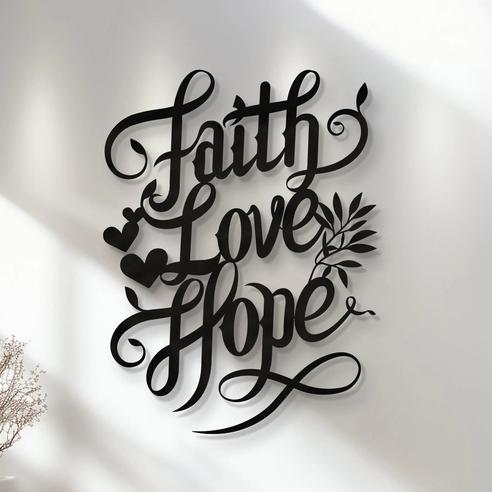 Christian Artwork Workshop Metal Wall Decor: Faith, Love, Hope Script with Heart and Leaf Accents