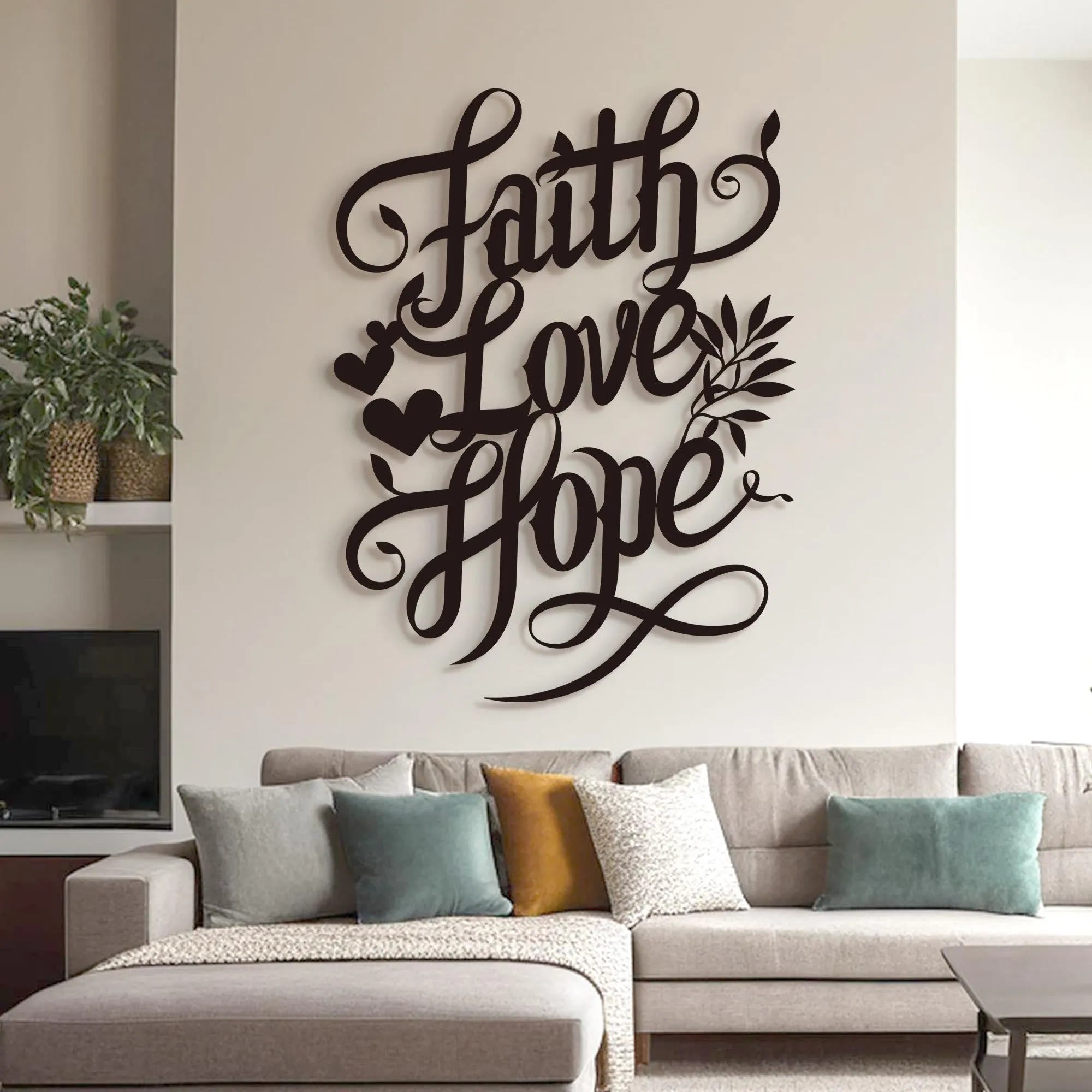 Christian Artwork Workshop Metal Wall Decor: Faith, Love, Hope Script with Heart and Leaf Accents