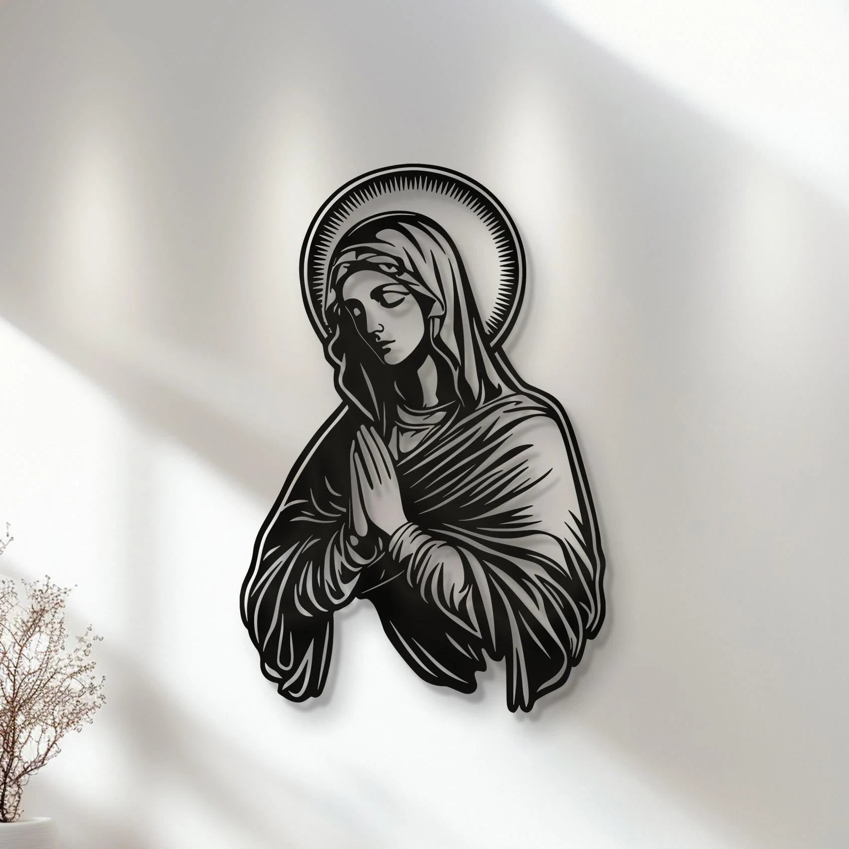 Christian Artwork Workshop Metal Wall Decor: Praying Virgin Mary with Halo for Religious Homes