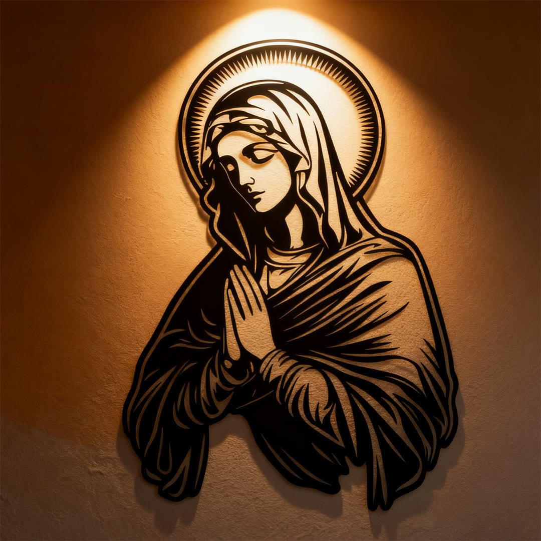 Christian Artwork Workshop Metal Wall Decor: Praying Virgin Mary with Halo for Religious Homes