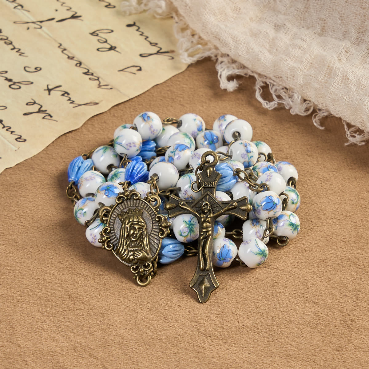 Immaculate Heart of Mary & Crucifix with Floral Rosary