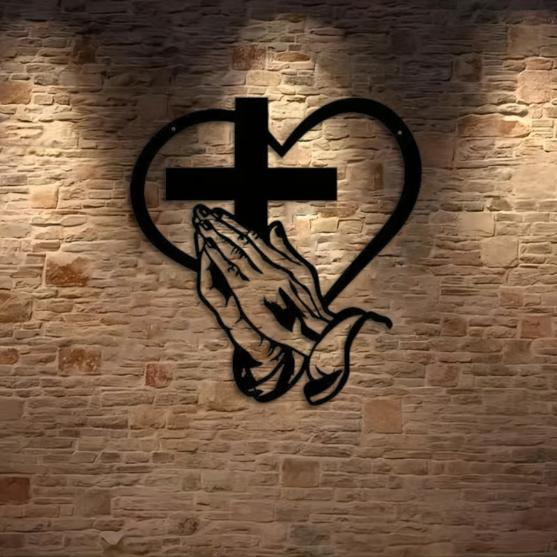 Christian Artwork Workshop Modern Black Metal Wall Decor: Spiritual Praying Hands with Heart and Cross