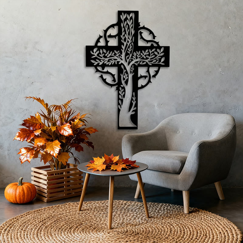 Rustic Tree of Life Cross Black Metal Wall Art by Christianartworkshop