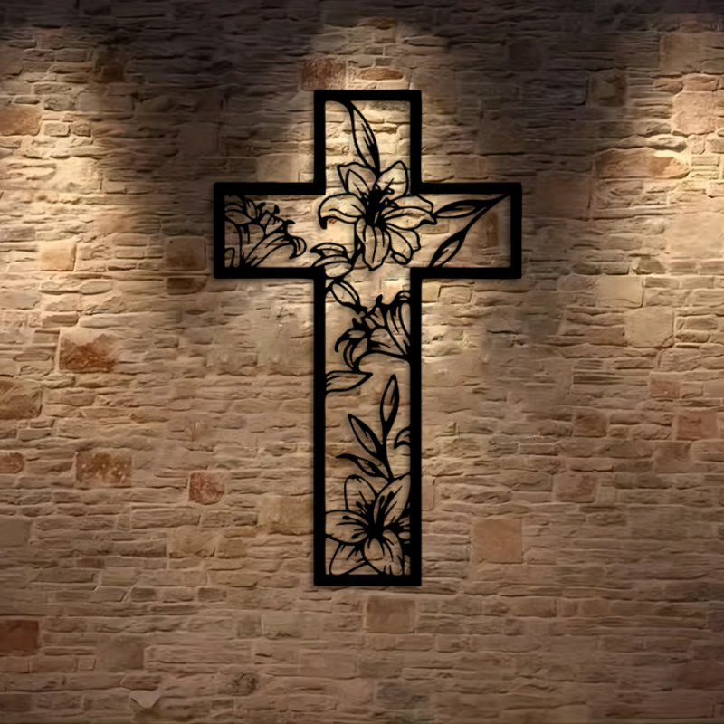 Christian Artwork Workshop Classic Lily Floral Cross Black Metal Wall Art