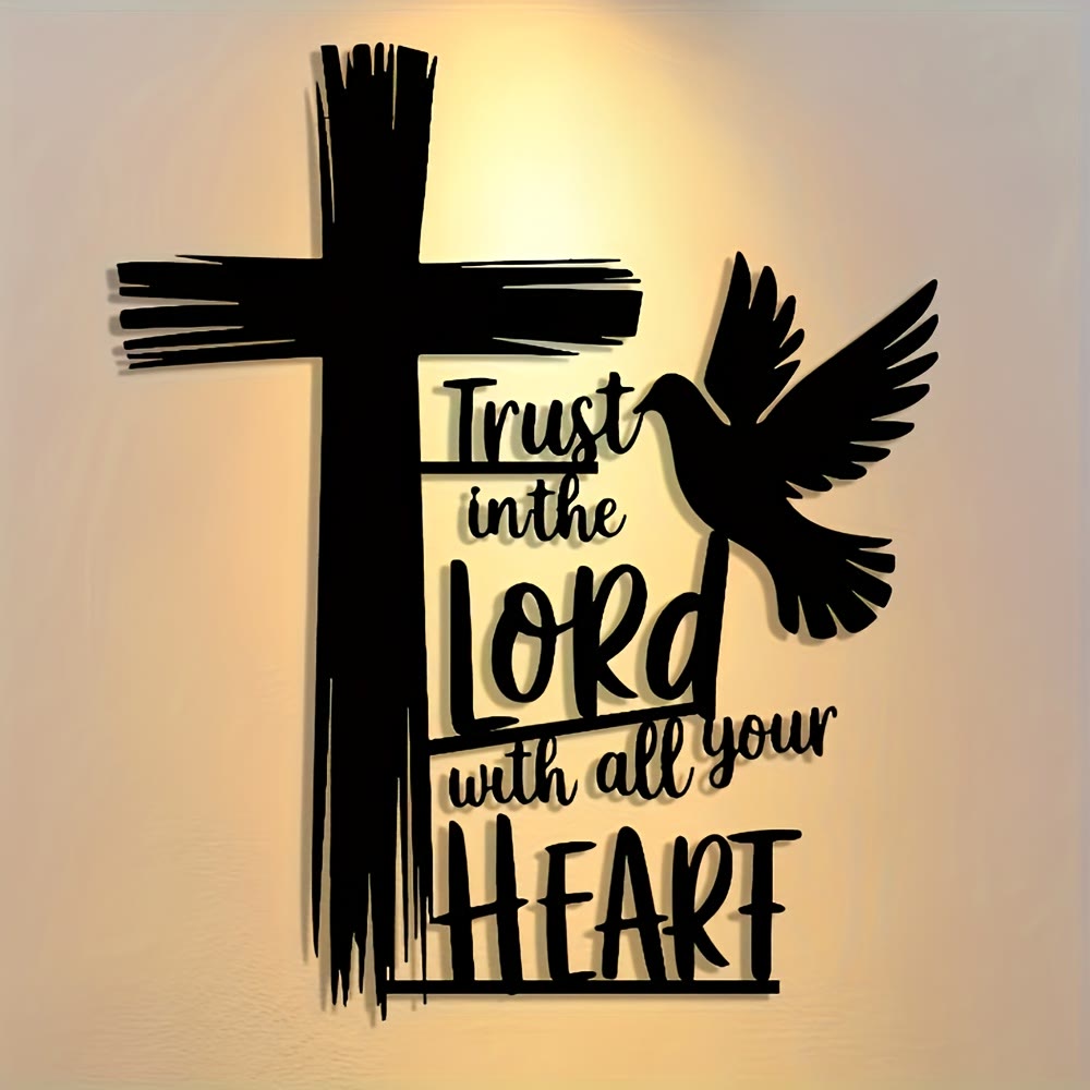 Christian Artwork Workshop Black Metal Cross and Dove Wall Decor Featuring 'Trust in the Lord' Scripture
