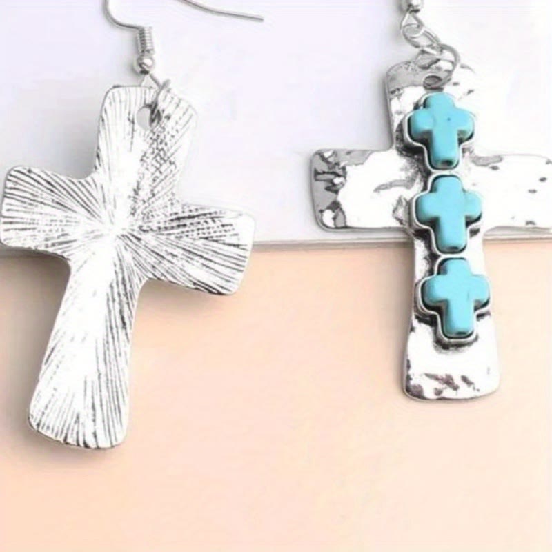 Textured Three-Cross Earrings with Stone Inlays: A Symbol of Faith and Protection