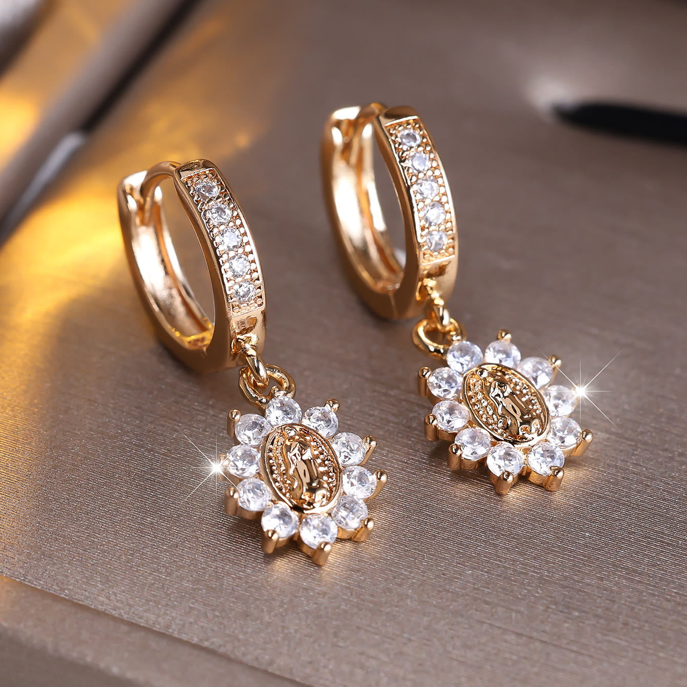 Our Lady Zircon Halo Huggie Earrings with Sunburst Pendant