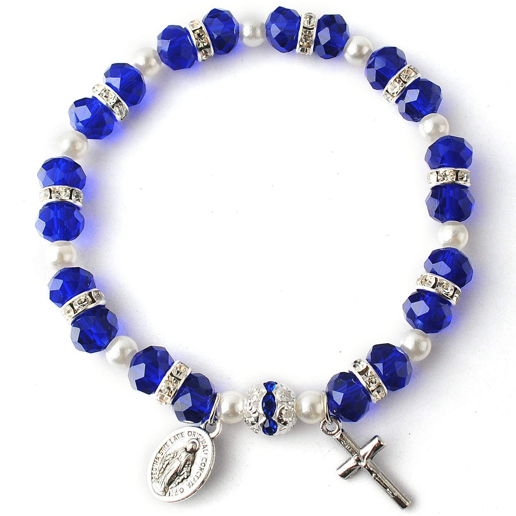 Crystal Beads Stretch Bracelet with Crucifix and Miraculous Medal