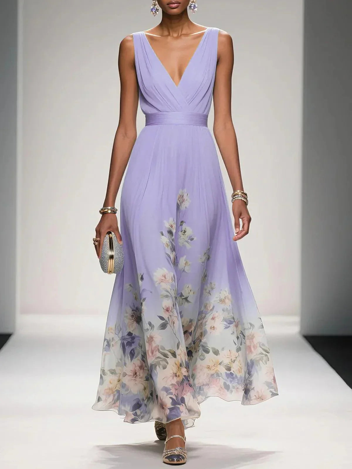 Rose | Light Blue Floral Chiffon V-Neck Maxi Dress