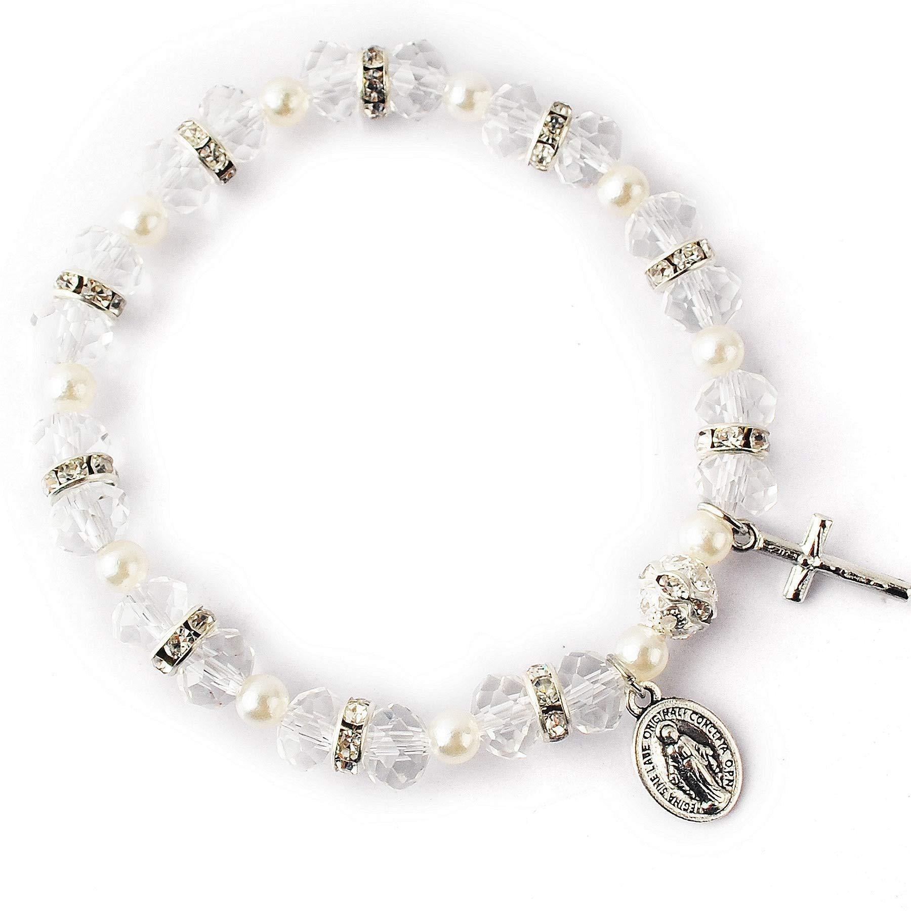 Crystal Beads Stretch Bracelet with Crucifix and Miraculous Medal
