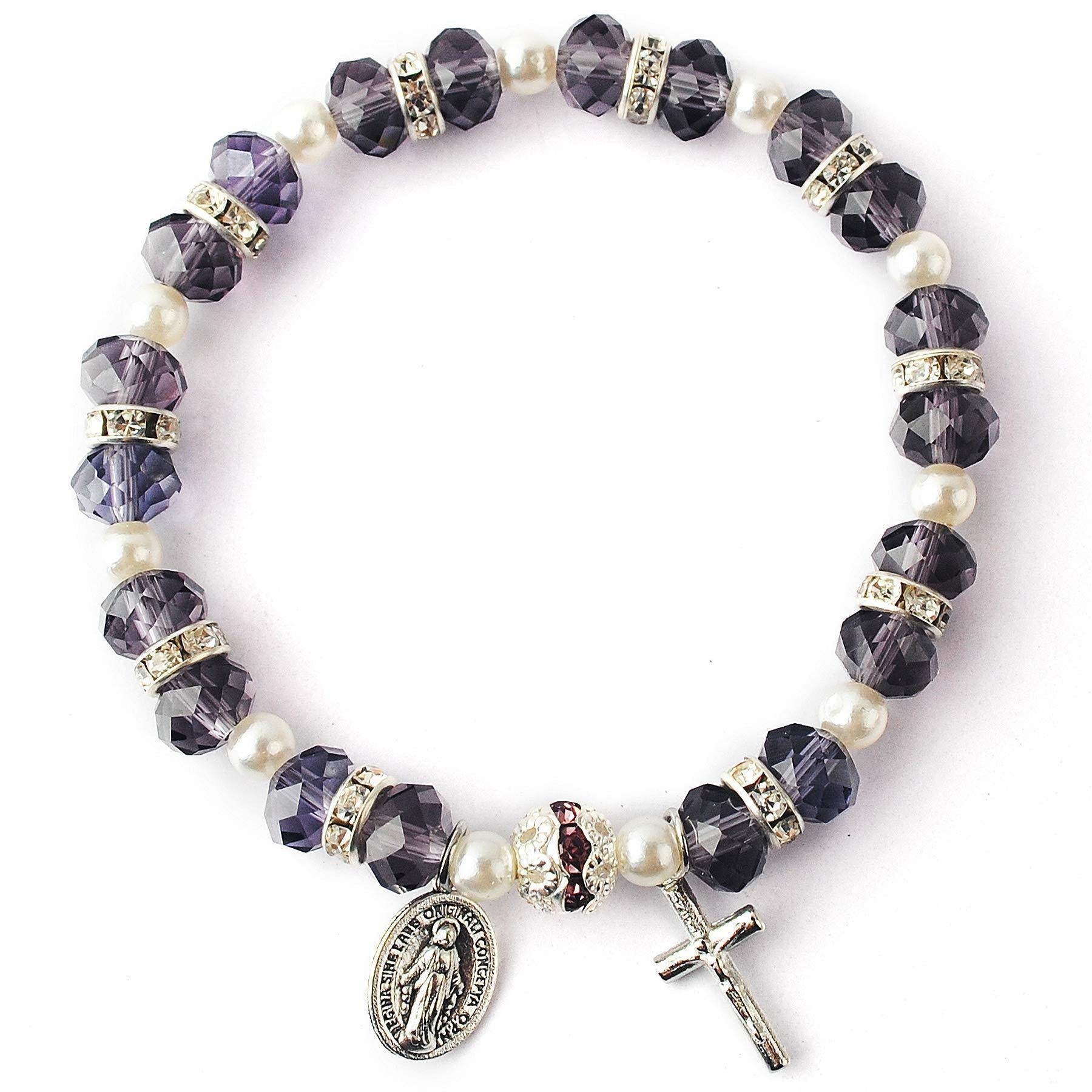 Crystal Beads Stretch Bracelet with Crucifix and Miraculous Medal