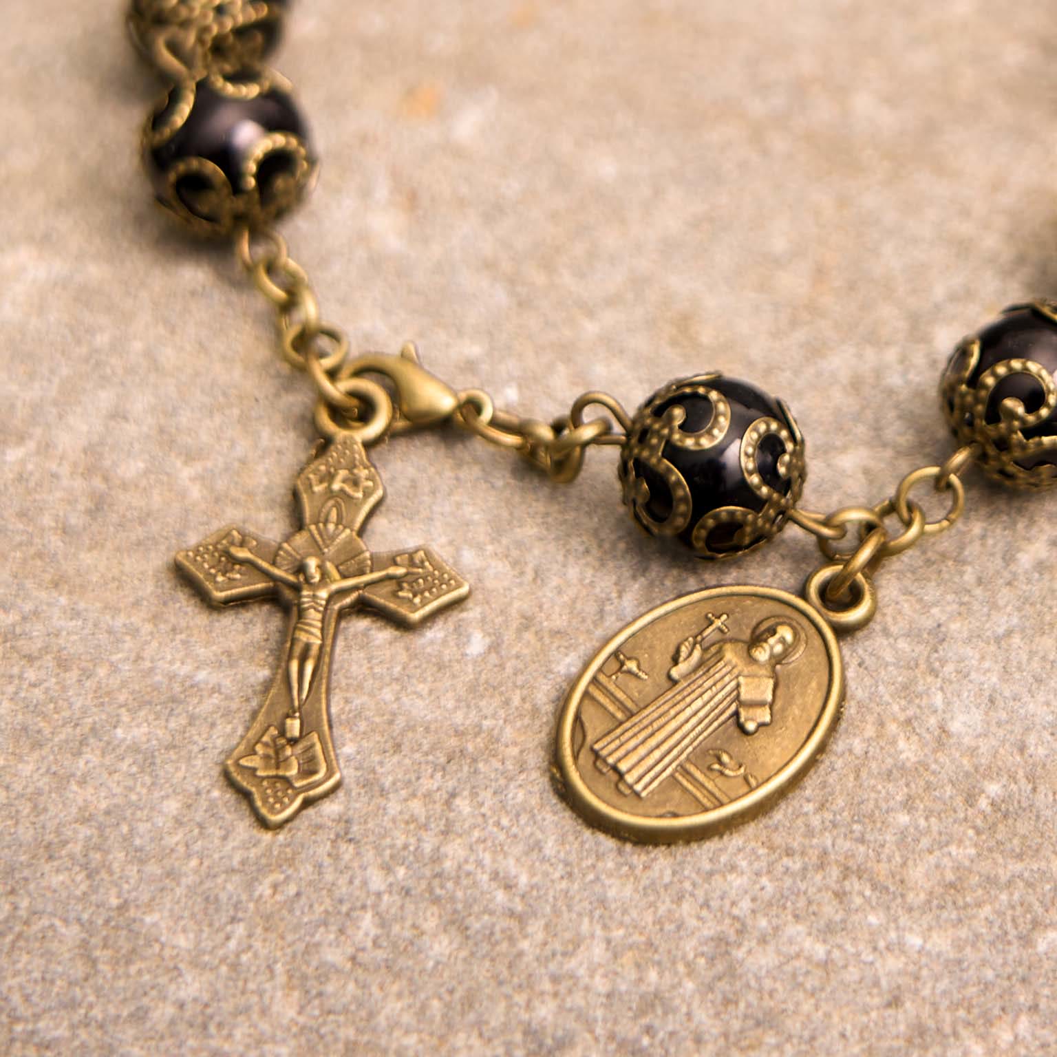 Crafted Retro Black St. Benedict Medal & Crucifix Rosary Bracelet