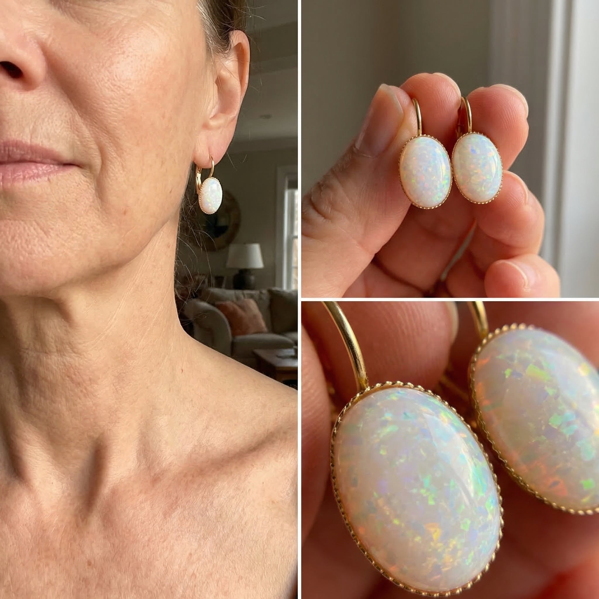 Vintage White Opal Golden Earrings