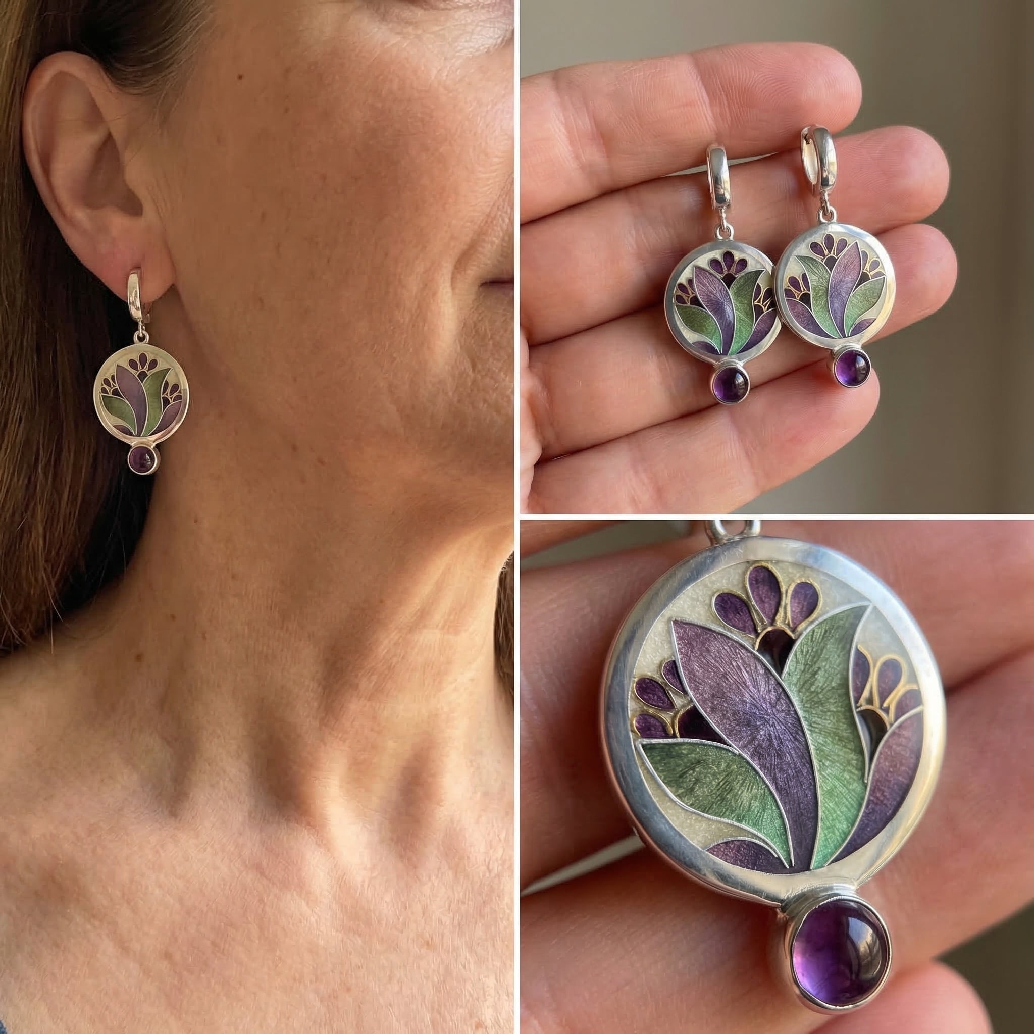 Boho earrings with purple crystals made of silver