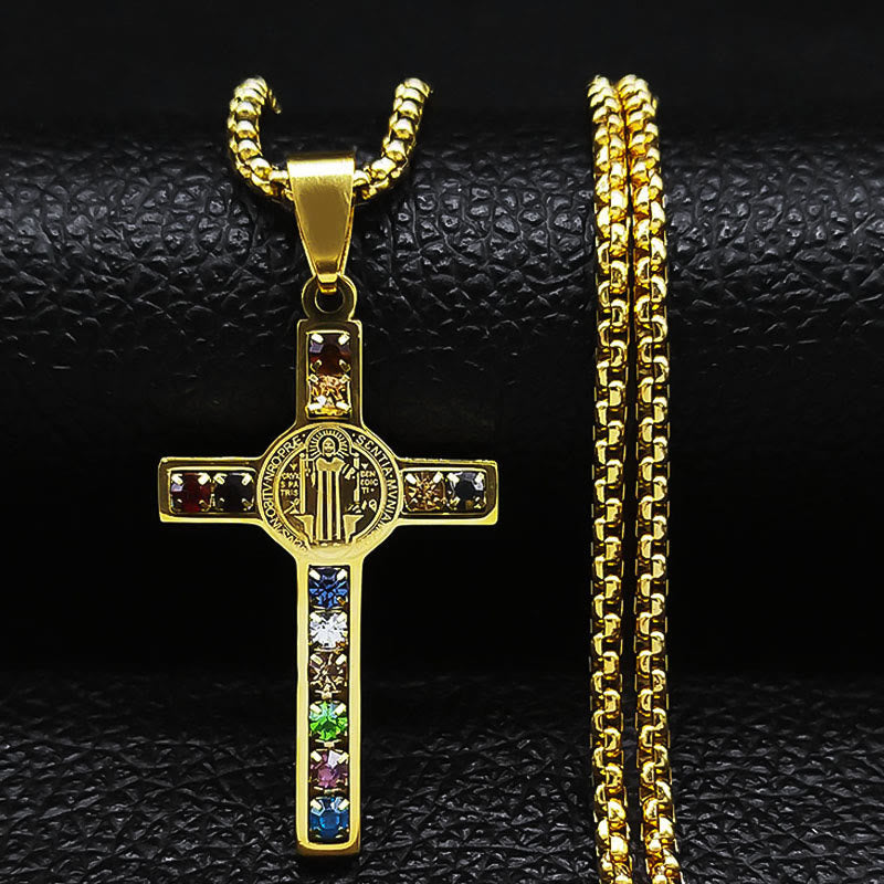 Saint Benedict Cross Mix Bible 12 Crystal Necklace