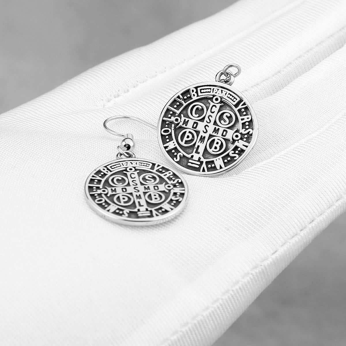 Classic St. Benedict Engraved Emblem Earrings for Divine Protection by Christianartworkshop