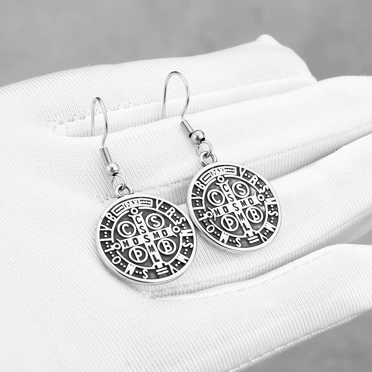 Classic St. Benedict Engraved Emblem Earrings for Divine Protection by Christianartworkshop