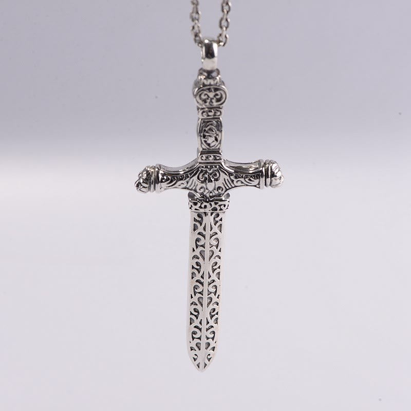 Vintage Sterling Silver Sword Cross Sacred Necklace with Medieval Etchings