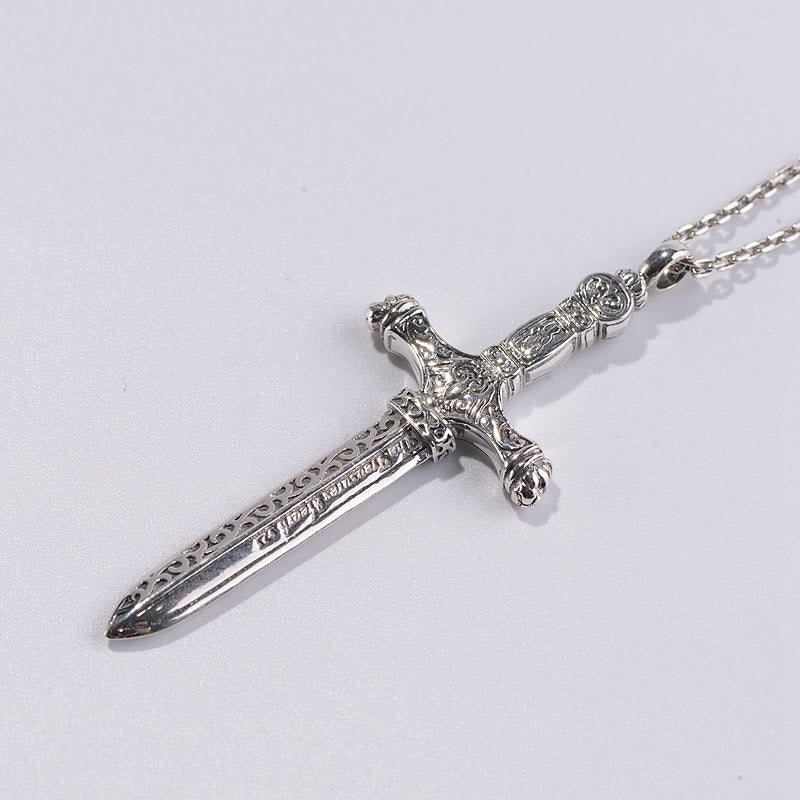 Vintage Sterling Silver Sword Cross Sacred Necklace with Medieval Etchings