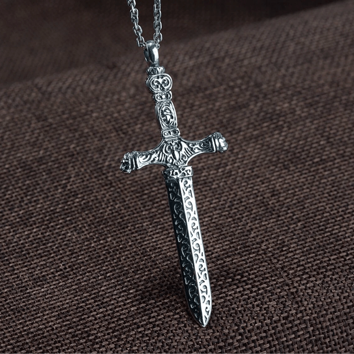 Vintage Sterling Silver Sword Cross Sacred Necklace with Medieval Etchings