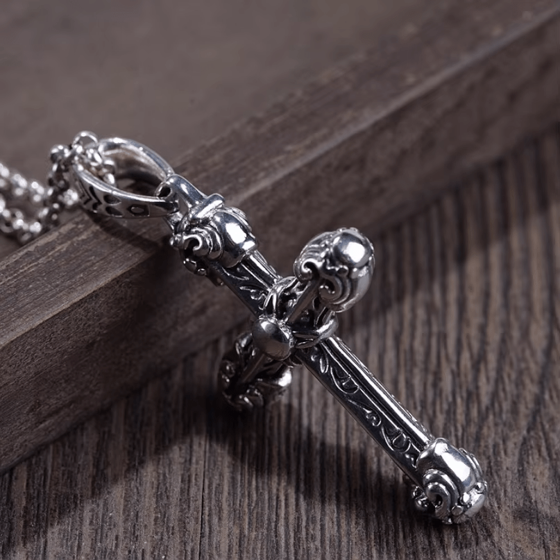 Thick Solid Sterling Silver Ornate Sword Cross Necklace with Gothic Scrolls
