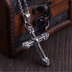 Thick Solid Sterling Silver Ornate Sword Cross Necklace with Gothic Scrolls