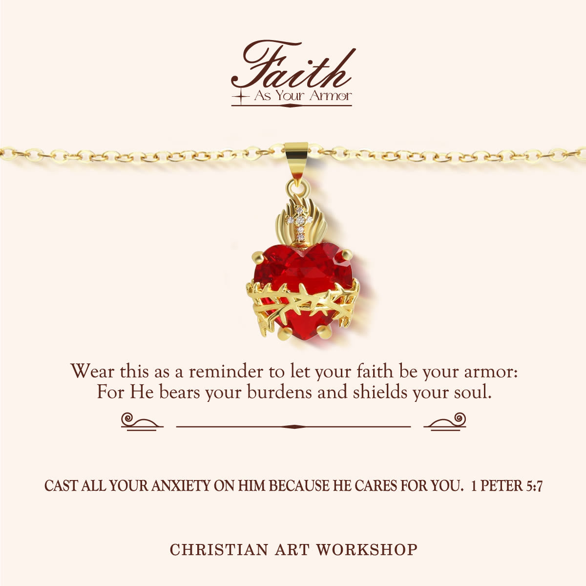 FAITH AS YOUR ARMOR: Red Gemstones Sacred Heart of Jesus Pendant Necklace