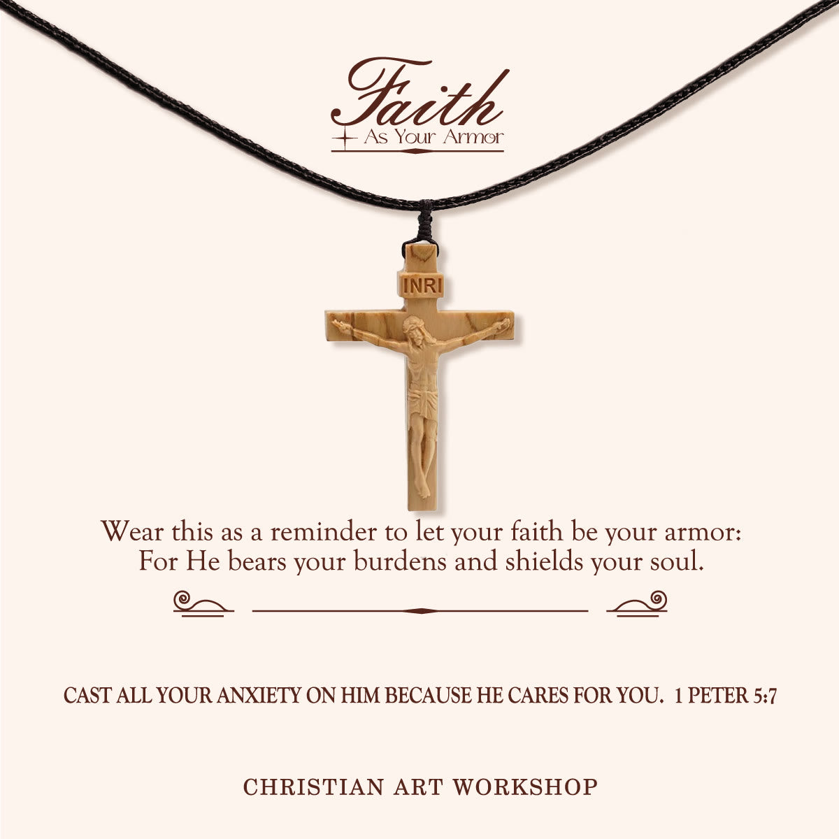 FAITH AS YOUR ARMOR: Jesus Crucifix Wooden Necklace