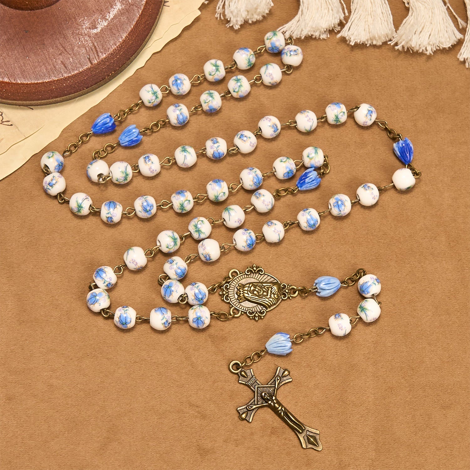 Immaculate Heart of Mary & Crucifix with Floral Rosary