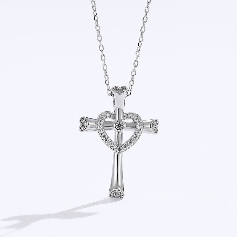 925 Silver Cross & Heart Zircon Necklace: Faith Meets Love in Sparkle