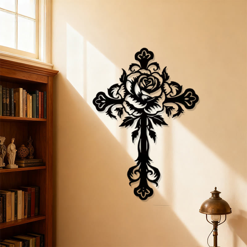 Christian Artwork Workshop Black Metal Wall Decor: Artistic Floral Rose Cross