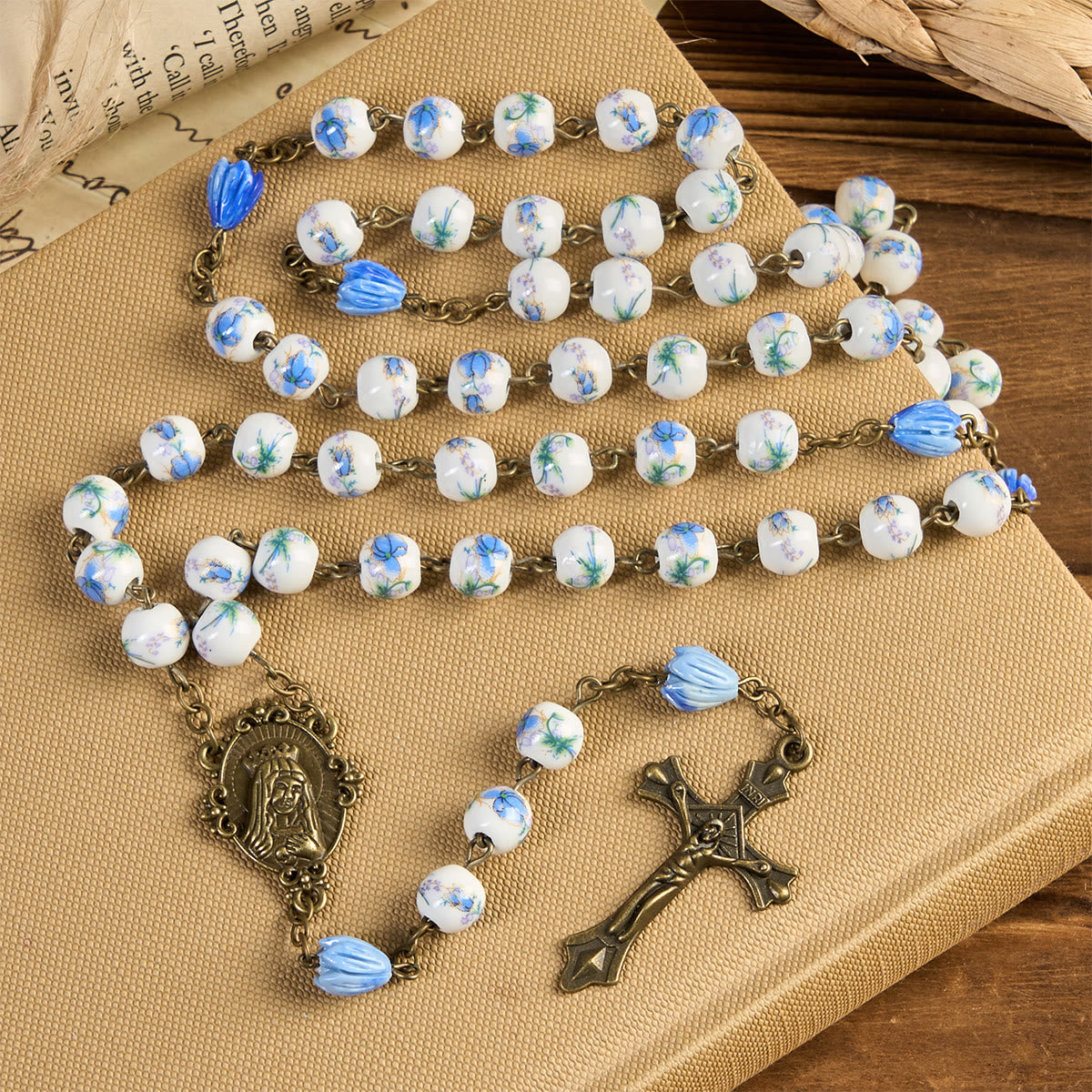 Immaculate Heart of Mary & Crucifix with Floral Rosary