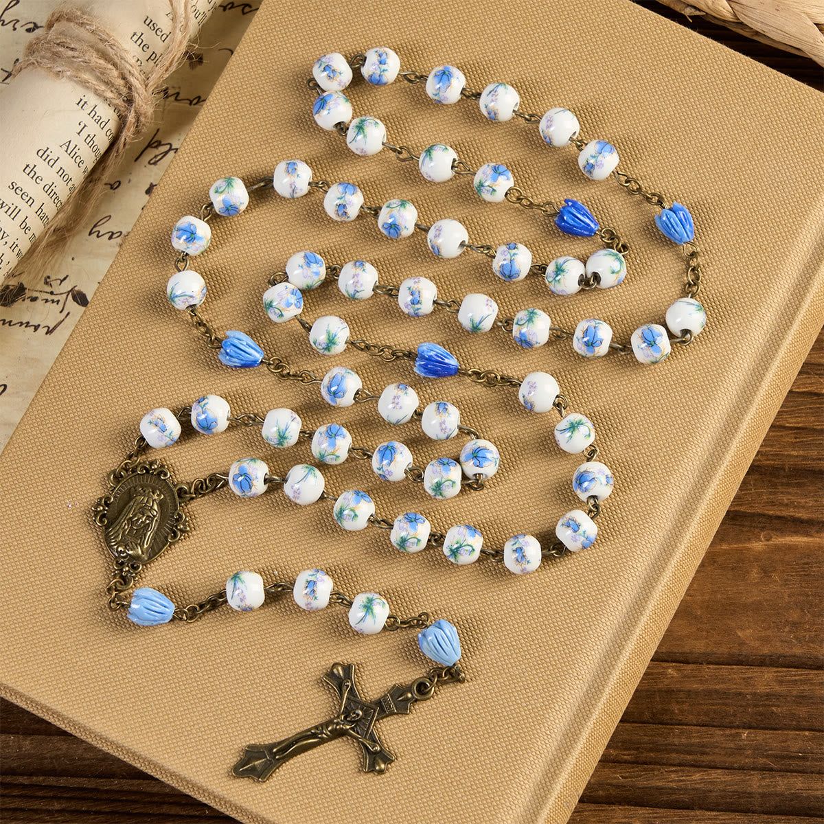 Immaculate Heart of Mary & Crucifix with Floral Rosary