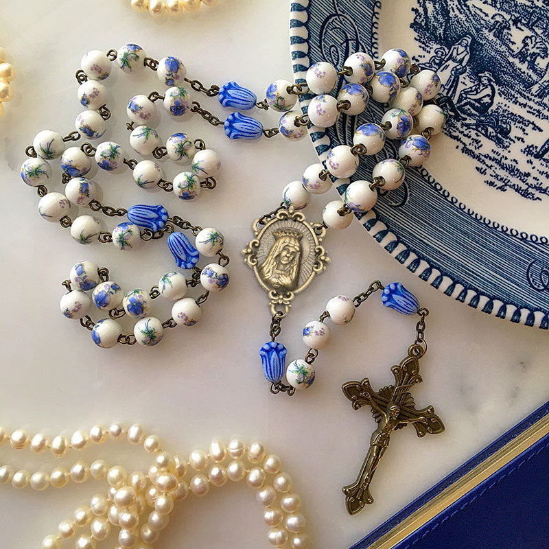 Immaculate Heart of Mary & Crucifix with Floral Rosary