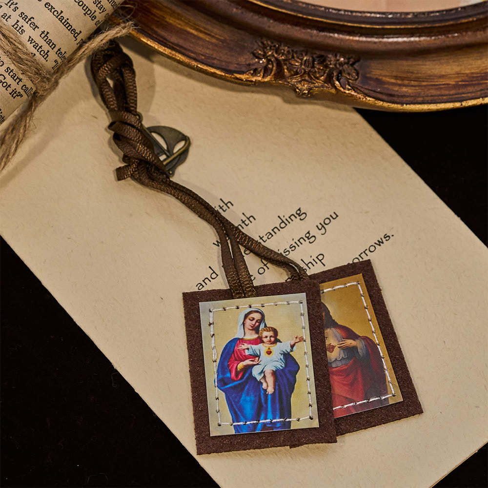Blessed Brown Wool Scapular of Sacred Heart of Jesus and Virgin Mary