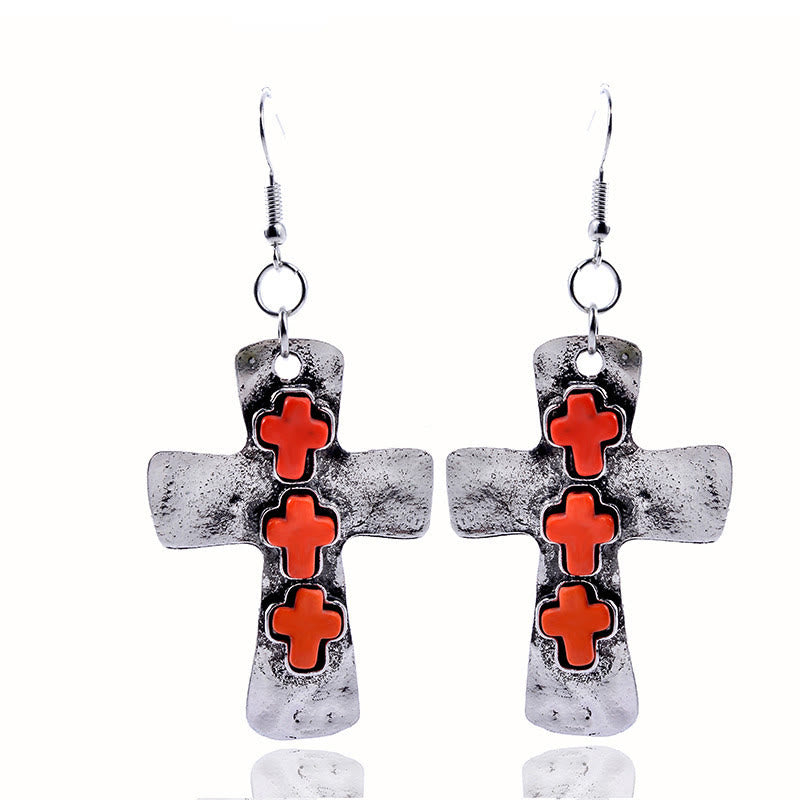 Textured Three-Cross Earrings with Stone Inlays: A Symbol of Faith and Protection