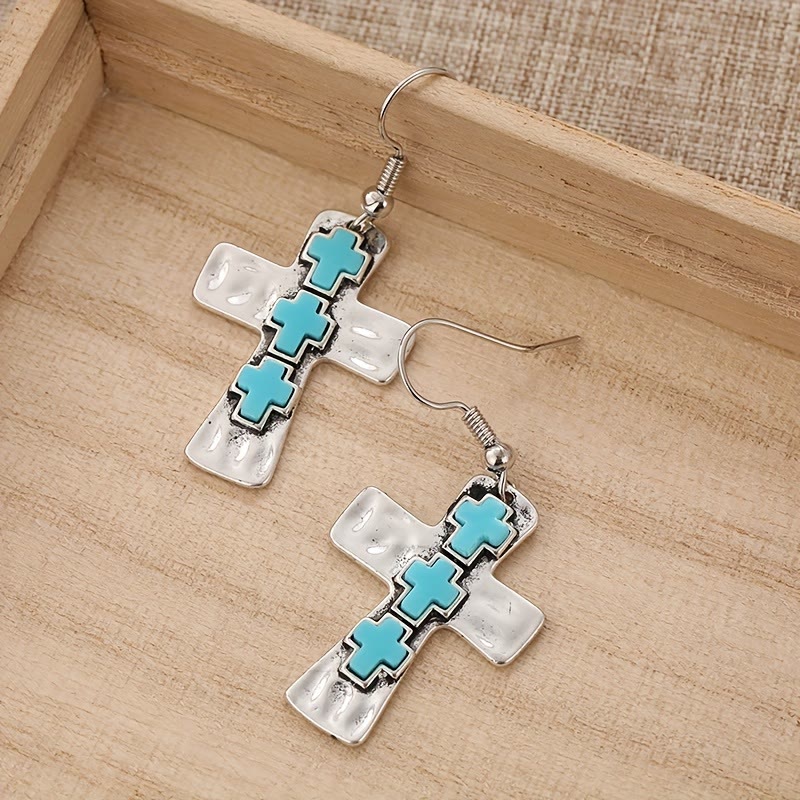 Textured Three-Cross Earrings with Stone Inlays: A Symbol of Faith and Protection