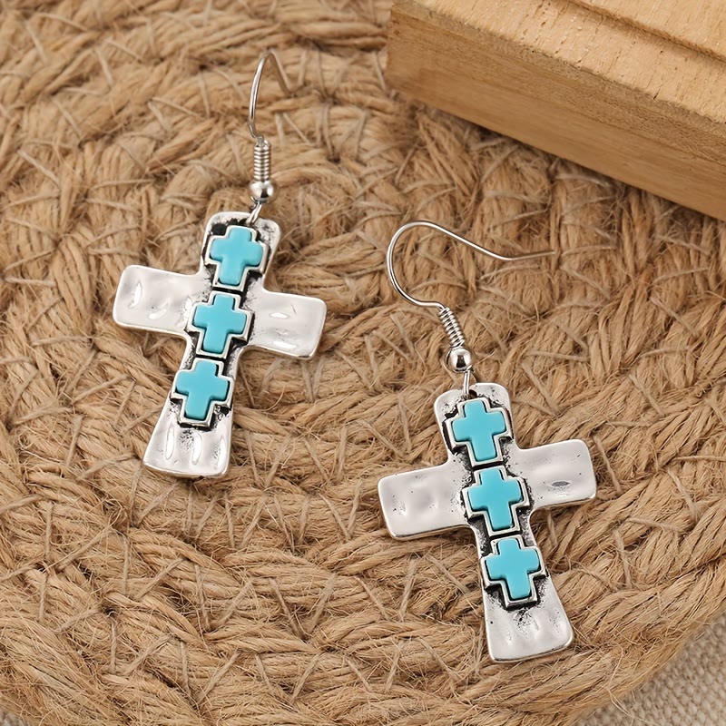Textured Three-Cross Earrings with Stone Inlays: A Symbol of Faith and Protection