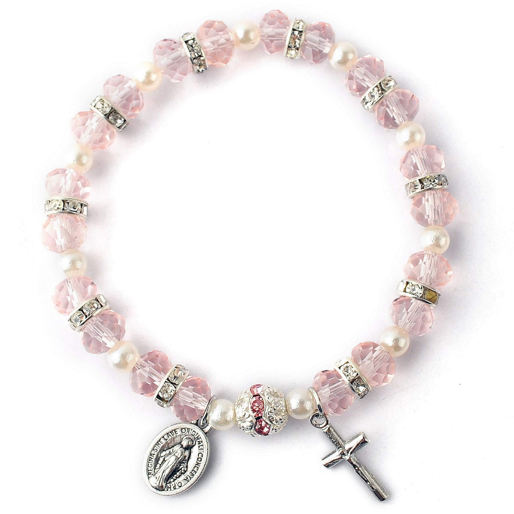 Crystal Beads Stretch Bracelet with Crucifix and Miraculous Medal