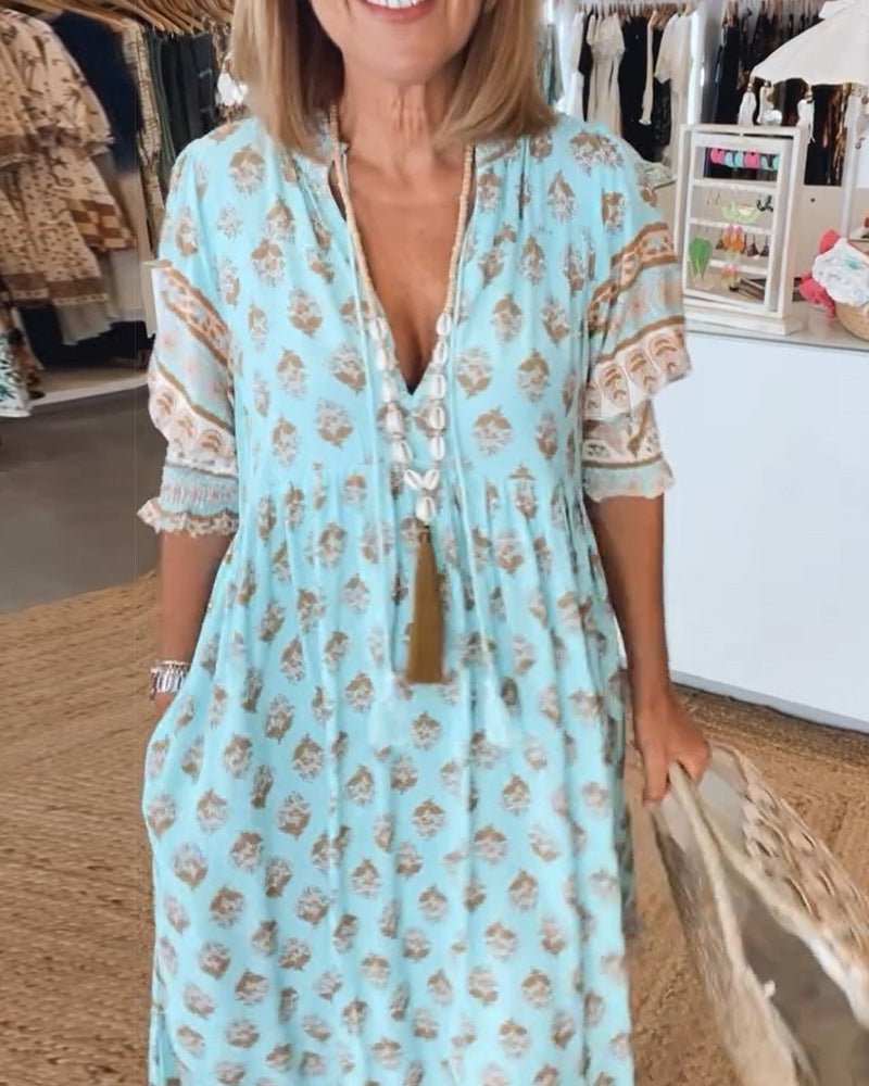 MANA | CHIC FLORAL V-NECK MIDI DRESS