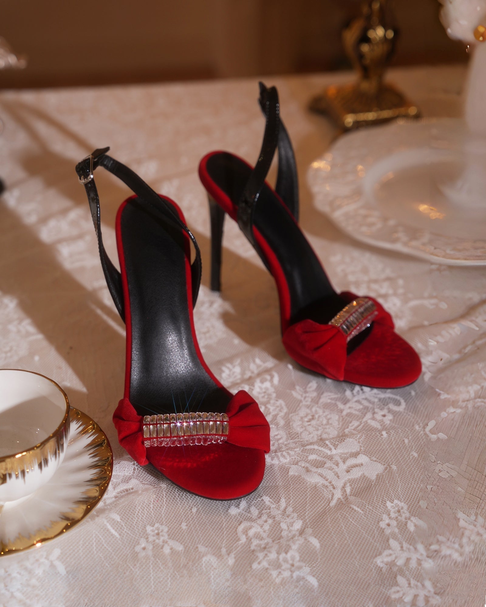 Babe Rhinestone Velvet Slingback Sandals In Red