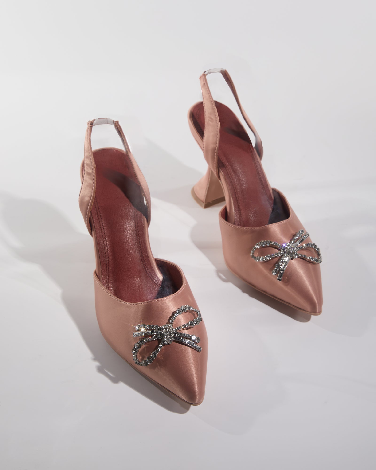 Fedora Crystal Bow Satin Slingback Flared Heels In Champagne