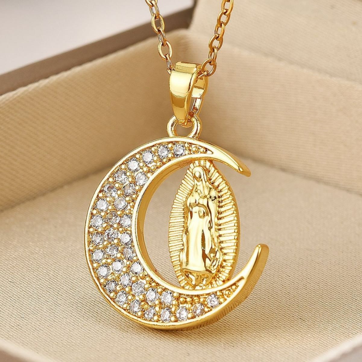 the Crescent Moon Our Lady of Guadalupe Maria Golden Necklace